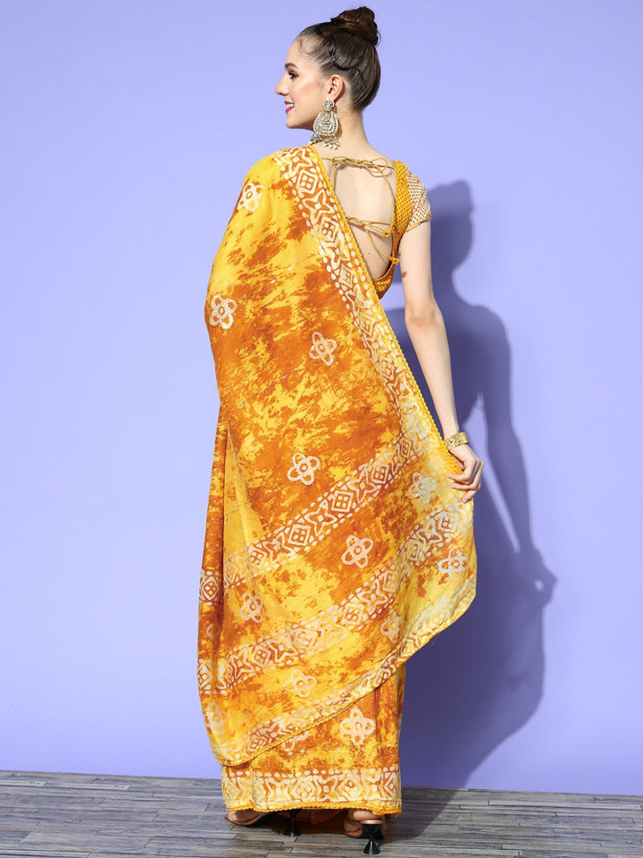 Yellow Batik Printed & Resham & Sequin Embellished Cotton Saree
