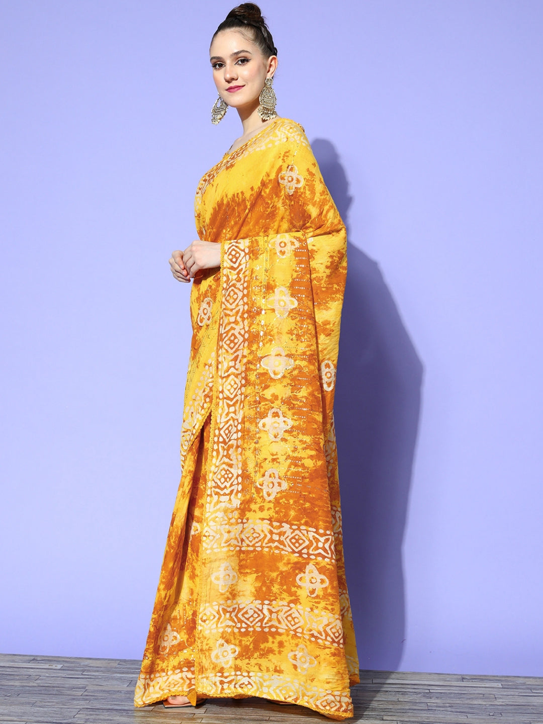 Yellow Batik Printed & Resham & Sequin Embellished Cotton Saree