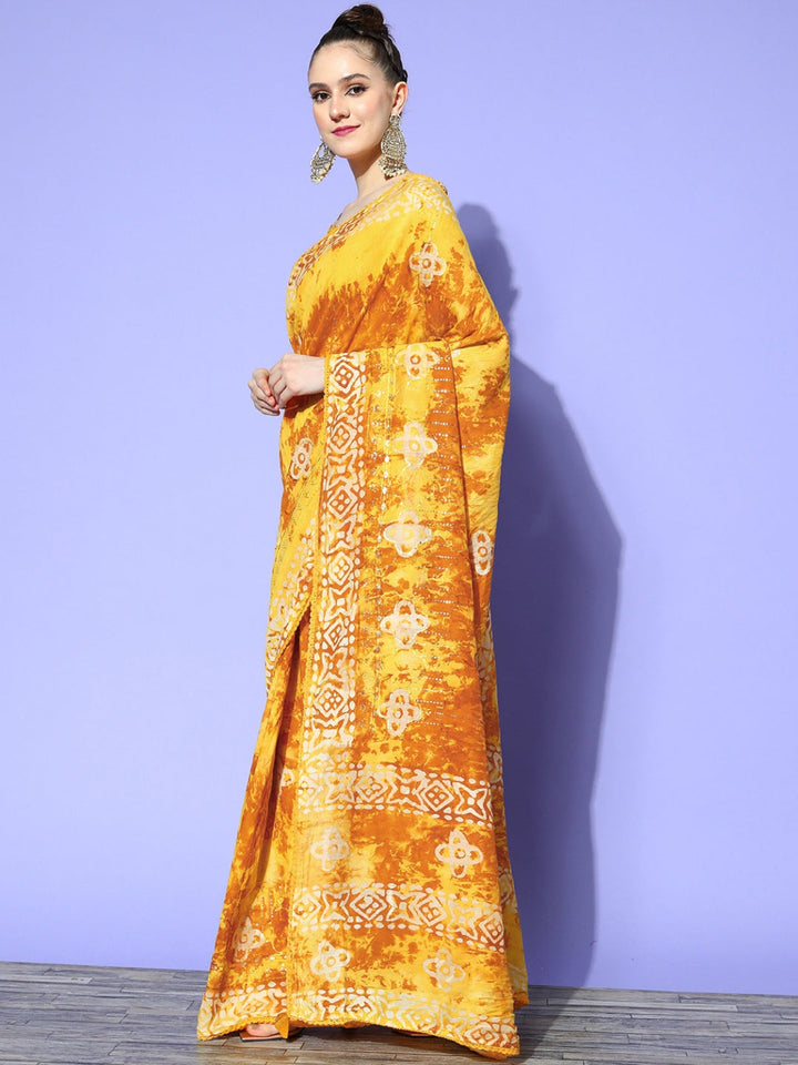 Yellow Batik Printed & Resham & Sequin Embellished Cotton Saree