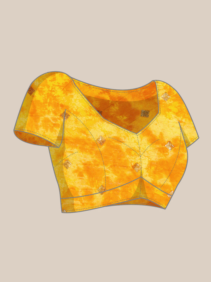 Yellow Batik Printed & Resham & Sequin Embellished Cotton Saree