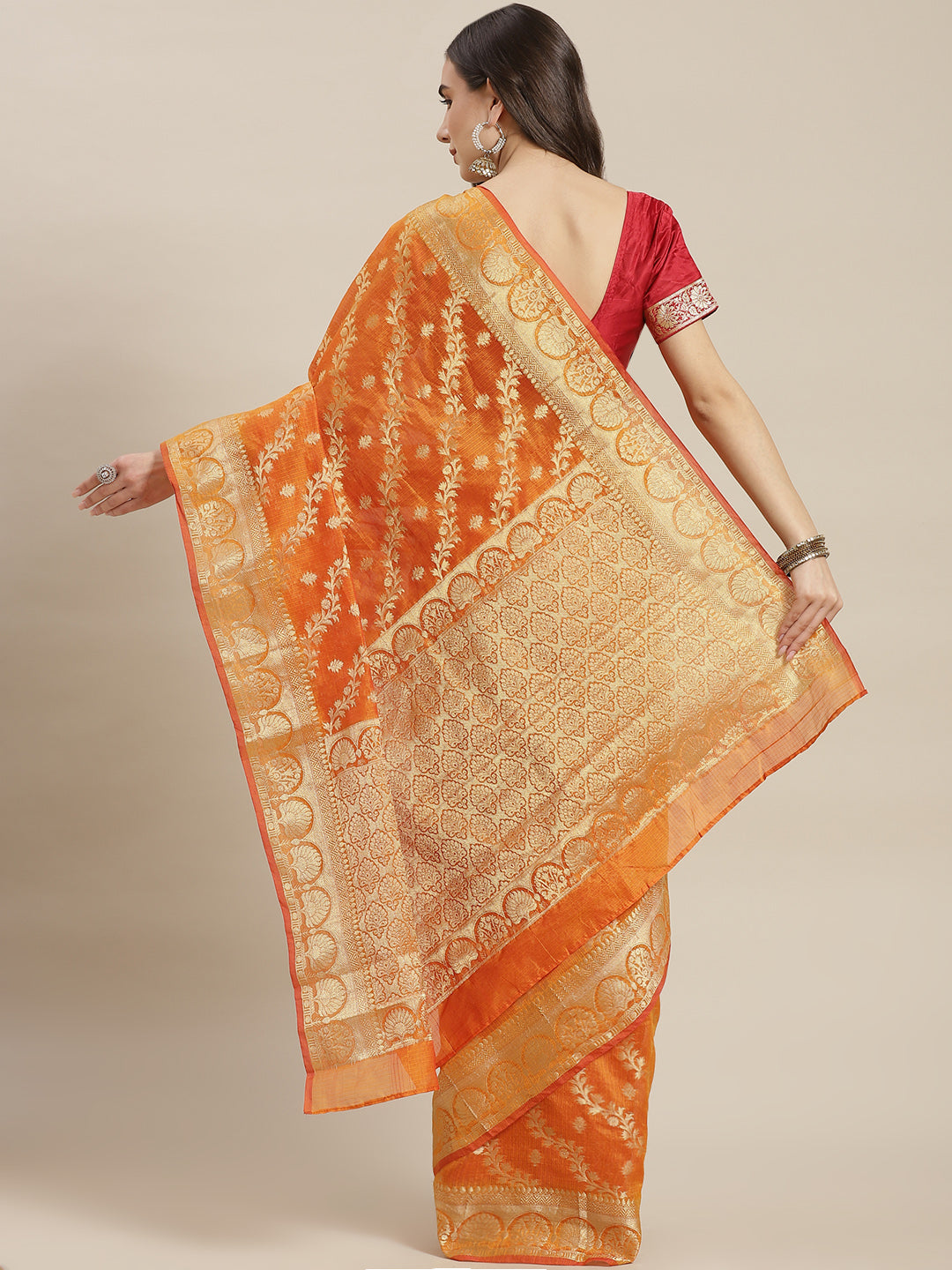 Rust Orange Jamdani Chanderi Saree with Leheriya pattern Zari Weaving