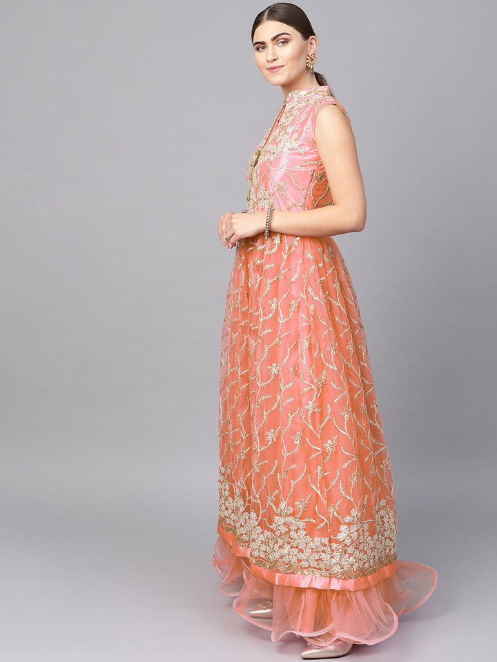 Made to Measure Peach Anarkali Cocktail Gown with Resham Zari Embroidery and dupatta