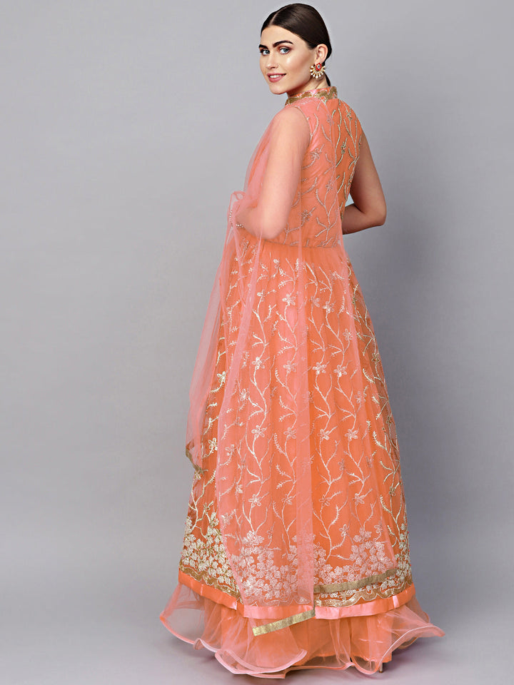 Made to Measure Peach Anarkali Cocktail Gown with Resham Zari Embroidery and dupatta