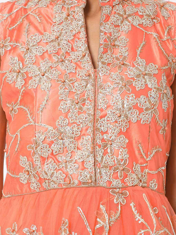 Made to Measure Peach Anarkali Cocktail Gown with Resham Zari Embroidery and dupatta