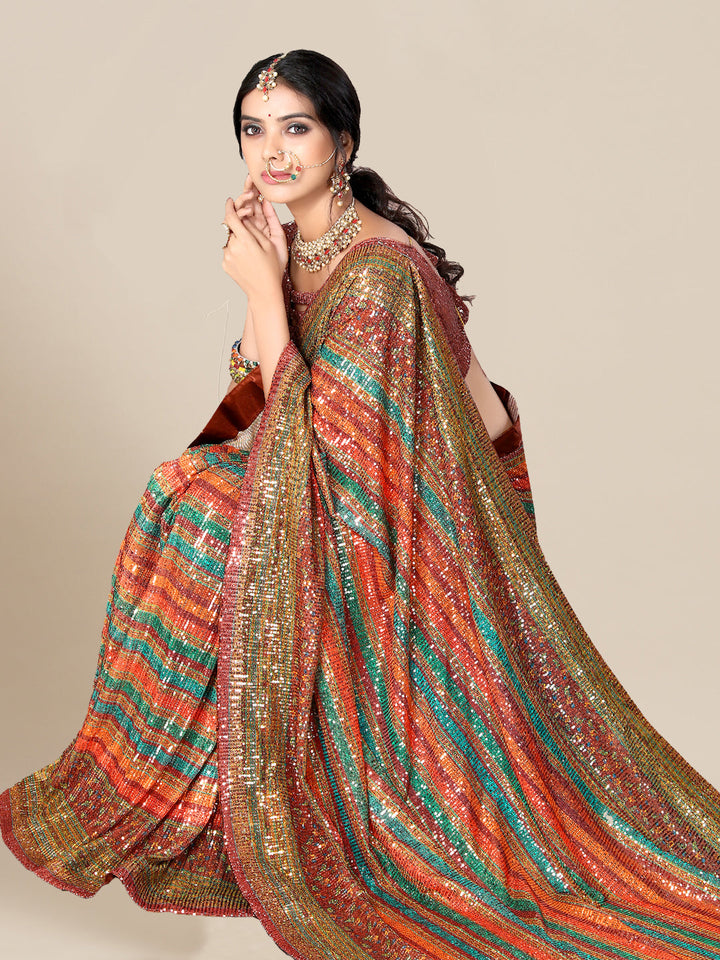 Multi Striped Digital Print Georgette Saree With Sequence Embroidery