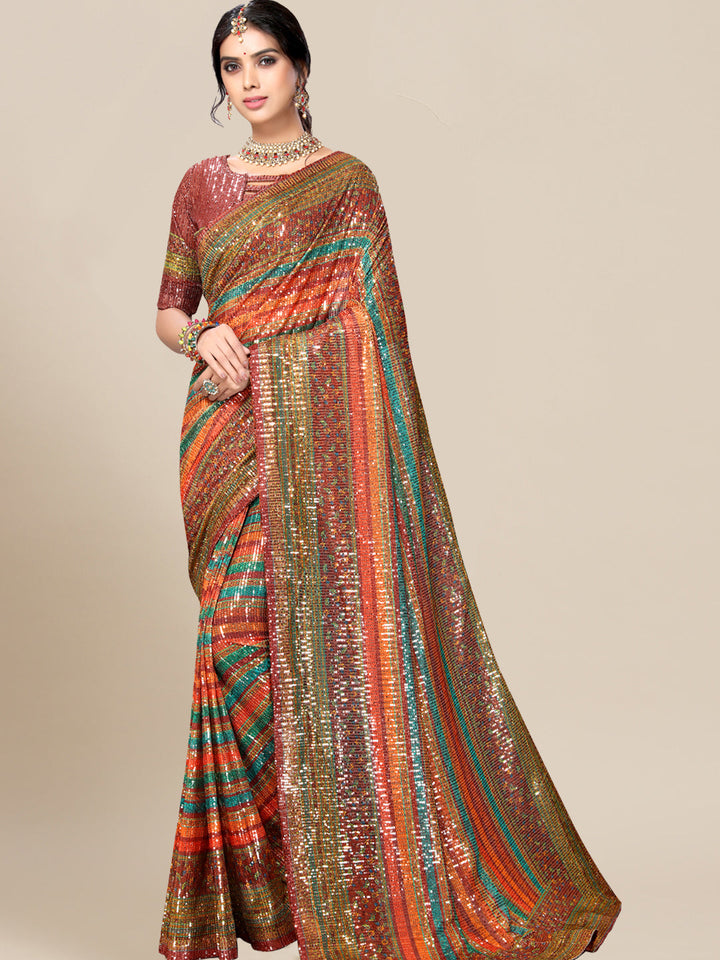 Multi Striped Digital Print Georgette Saree With Sequence Embroidery
