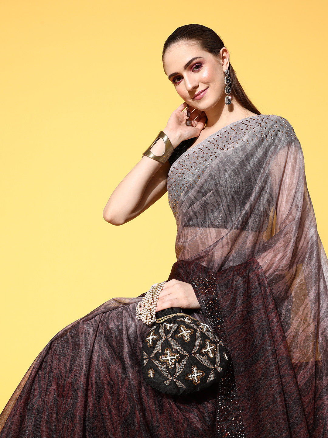 Brown Ombre Shimmer Georgette Cocktail Saree With Crystal Border