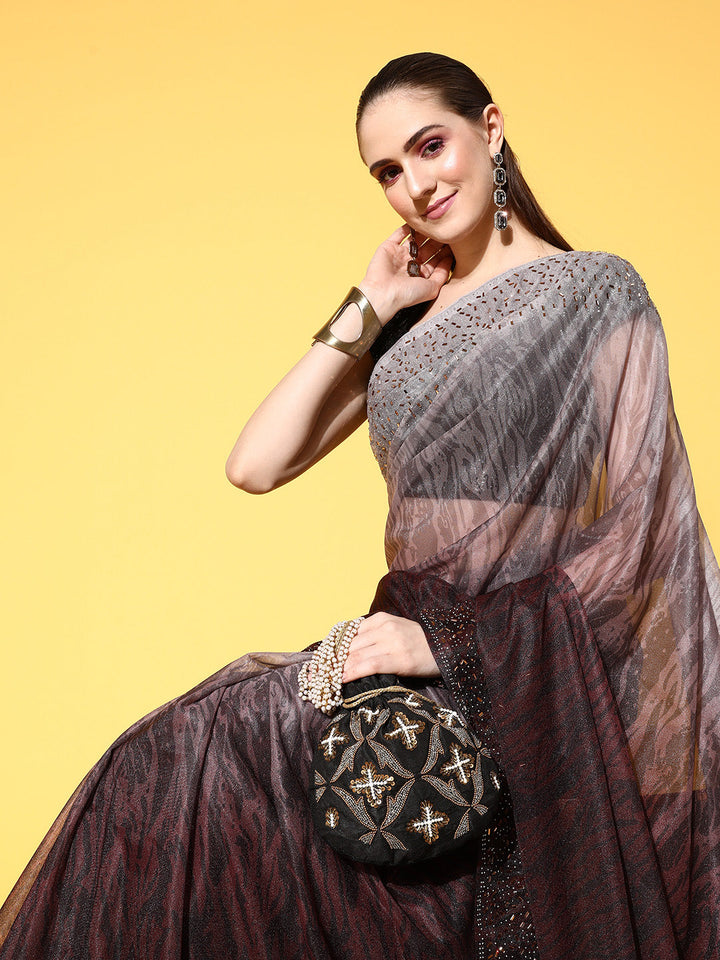 Brown Ombre Shimmer Georgette Cocktail Saree With Crystal Border