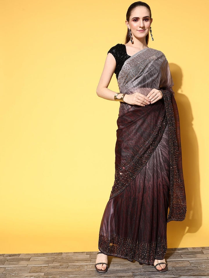 Brown Ombre Shimmer Georgette Cocktail Saree With Crystal Border