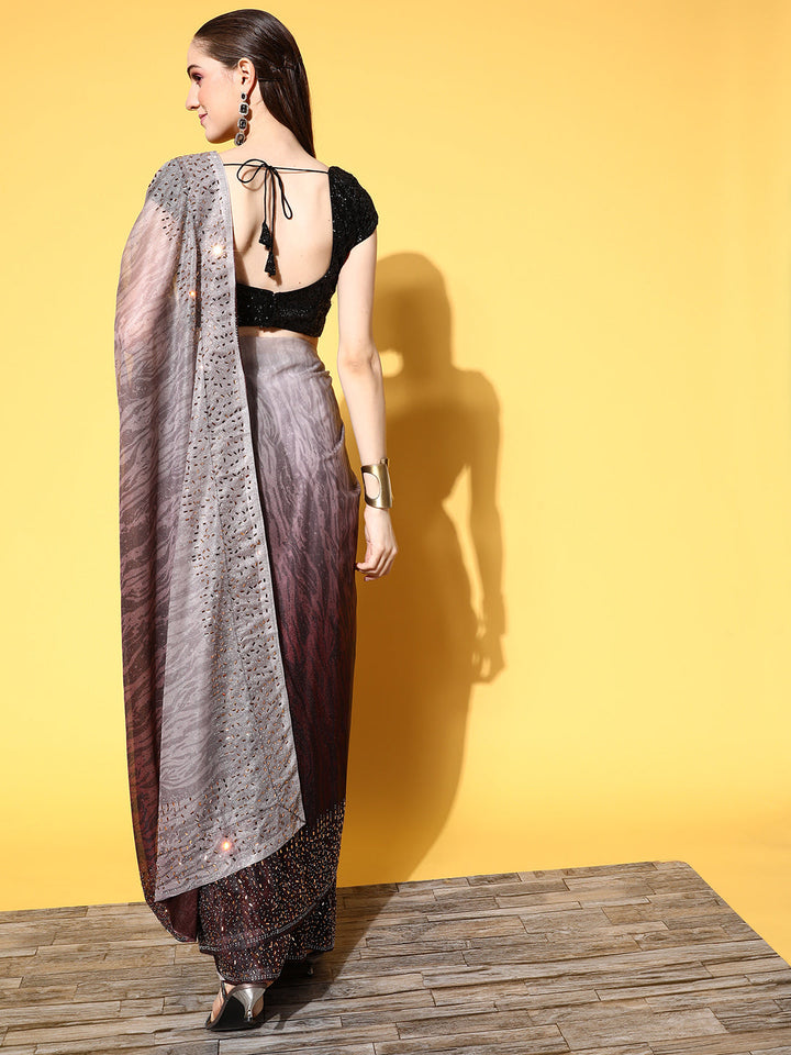Brown Ombre Shimmer Georgette Cocktail Saree With Crystal Border