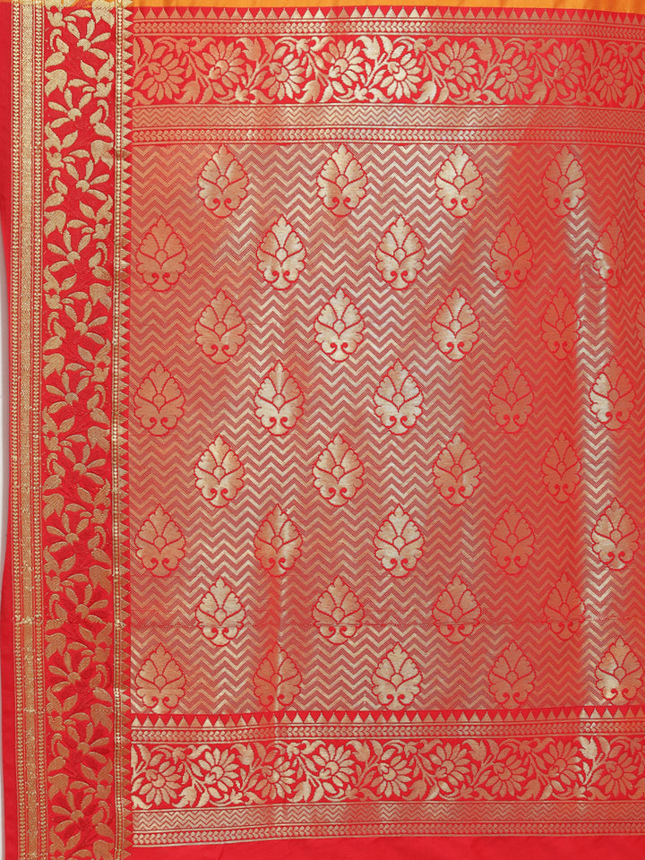 Orange Floral Ethnic Motifs Banarasi Silk Saree with Contrast Pallu