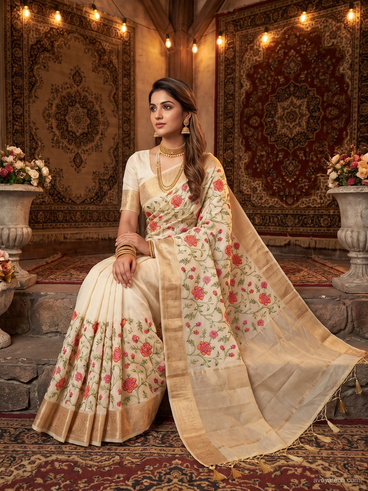 Cream Floral Printed Silk Saree with Zari Border and Rose Motif