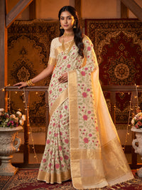 Cream Floral Printed Silk Saree with Zari Border and Rose Motif