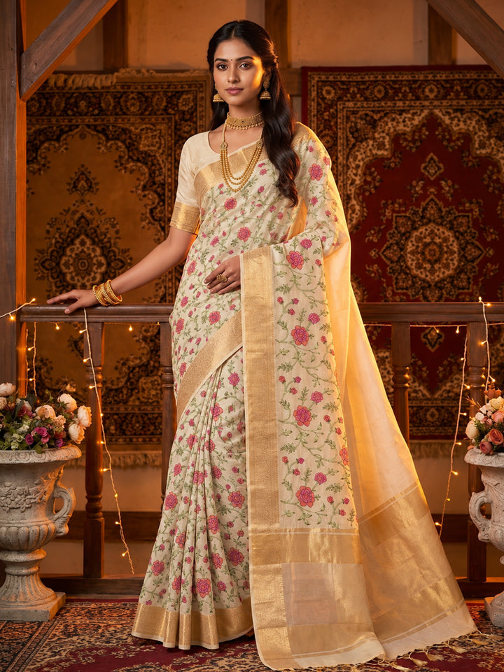 Cream Floral Printed Silk Saree with Zari Border and Rose Motif