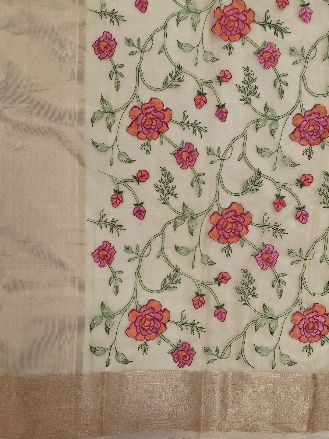 Cream Floral Printed Silk Saree with Zari Border and Rose Motif