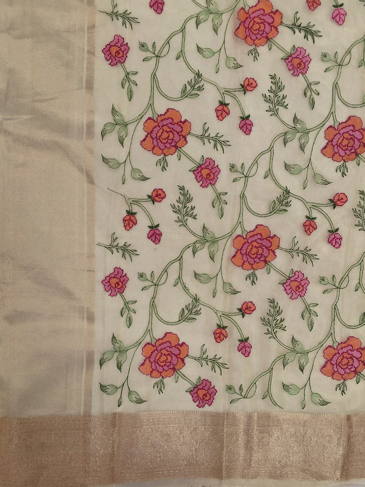 Cream Floral Printed Silk Saree with Zari Border and Rose Motif