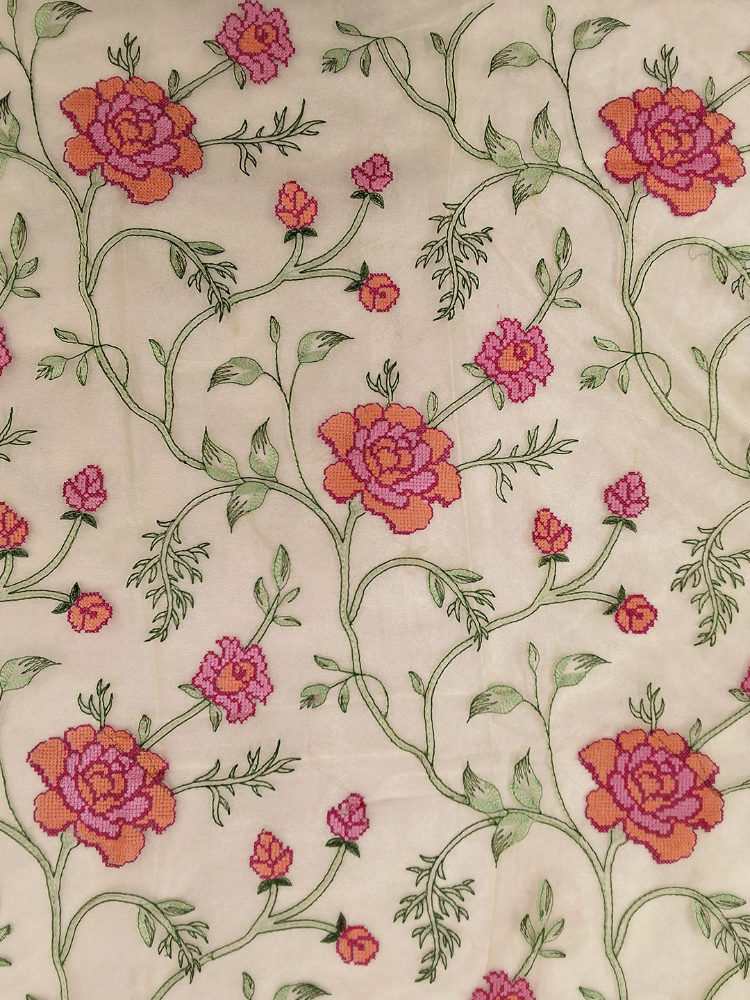 Cream Floral Printed Silk Saree with Zari Border and Rose Motif