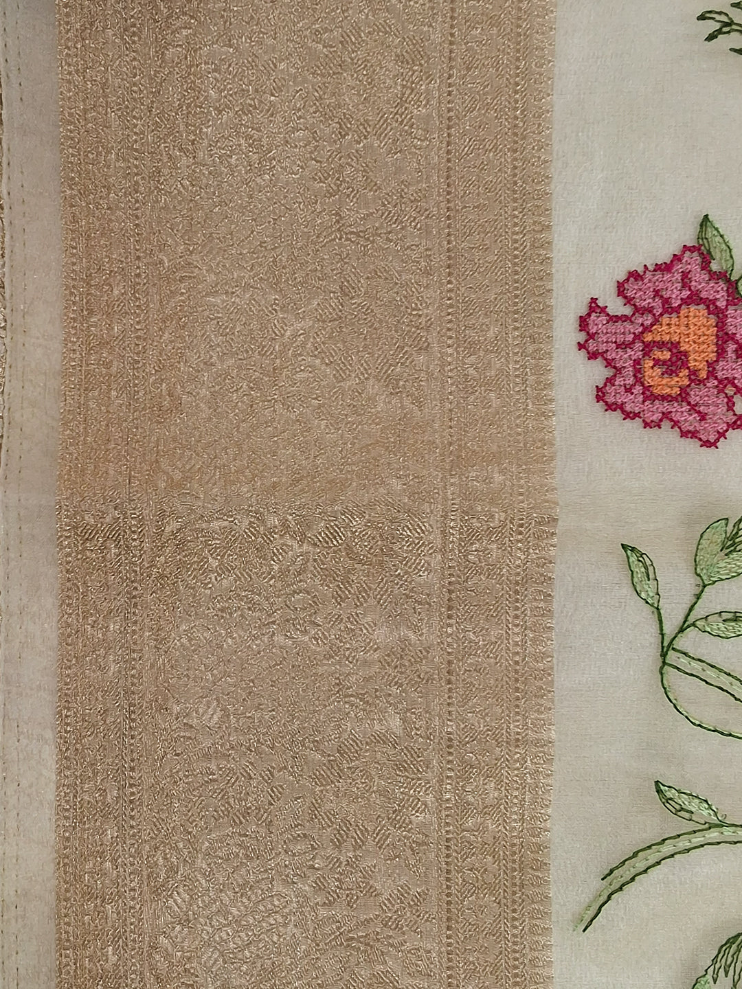 Cream Floral Printed Silk Saree with Zari Border and Rose Motif