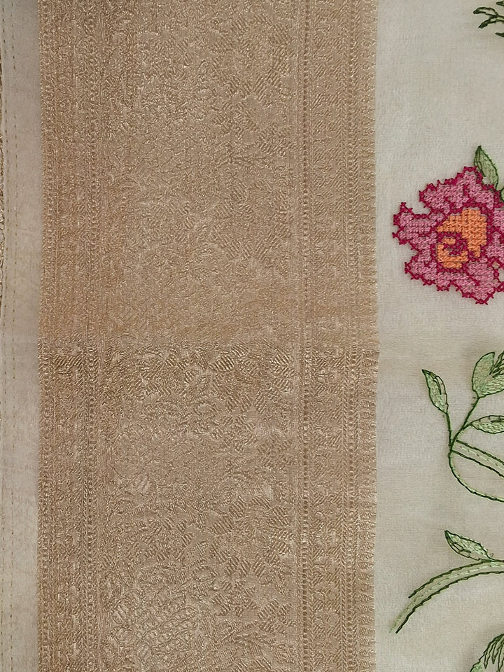 Cream Floral Printed Silk Saree with Zari Border and Rose Motif