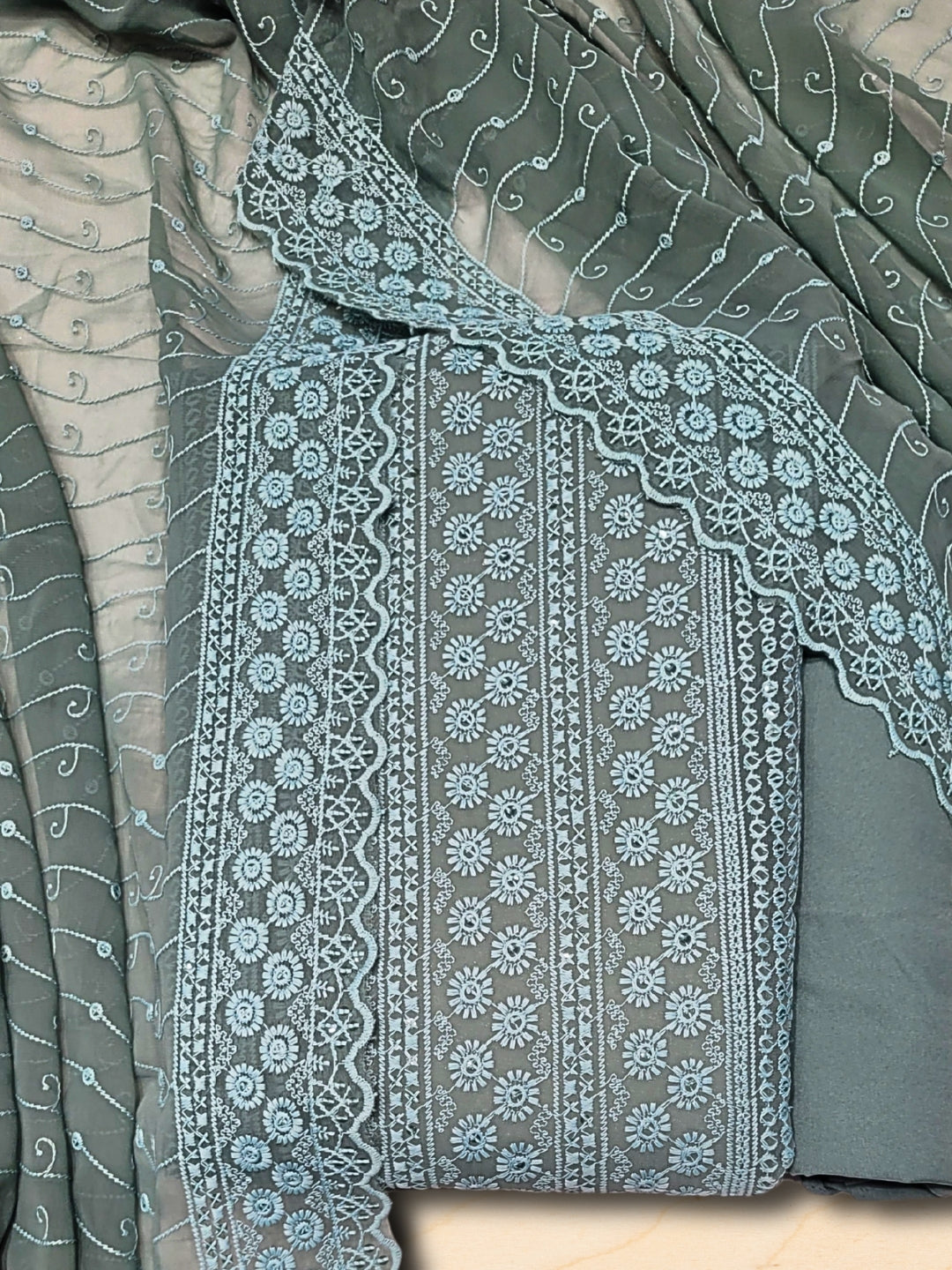 Chikankari Schiffli Embroidery Dress Material with Sequin Embellishments