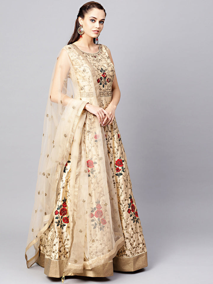 Anarkali Silk Gown with Zari Sequin Embroidered Floral pattern