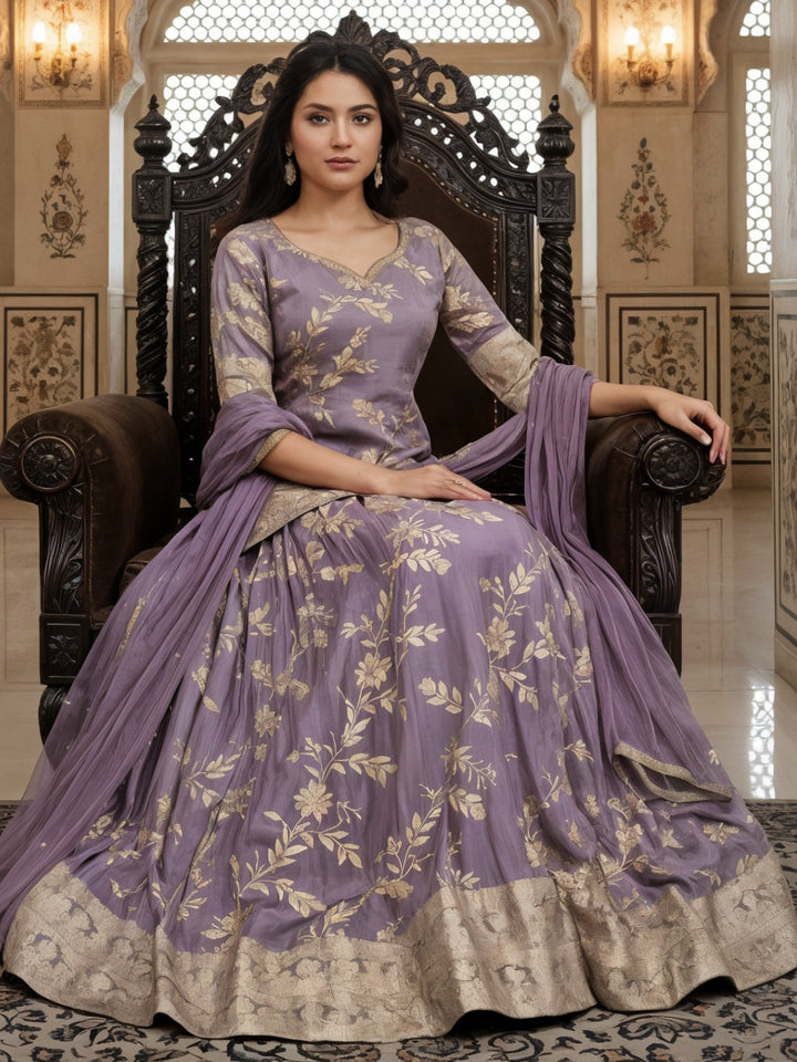 Lavender Banarasi Silk Gharara Set with Zari Woven Floral Patterns & Net Dupatta
