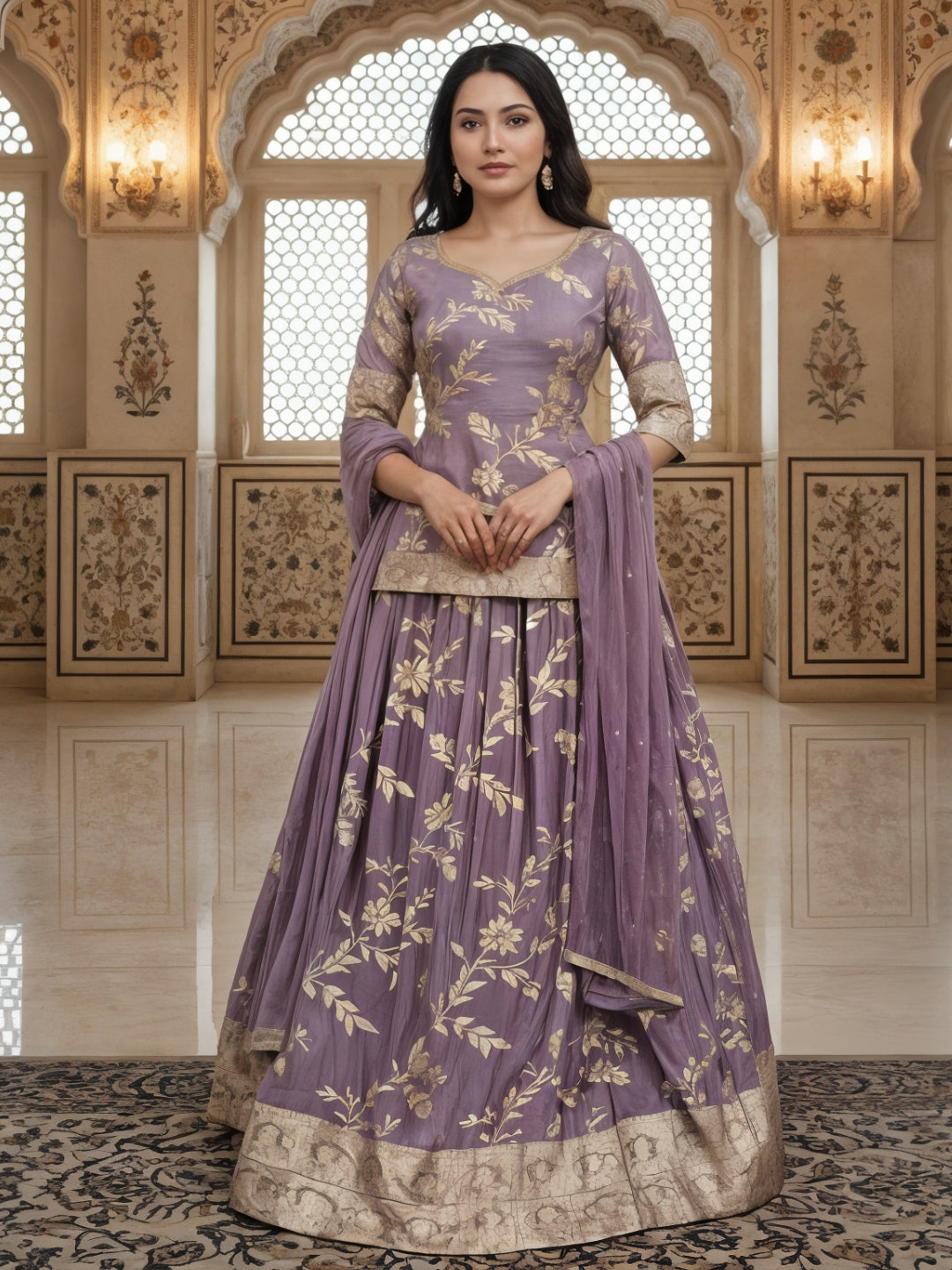 Lavender Banarasi Silk Gharara Set with Zari Woven Floral Patterns & Net Dupatta
