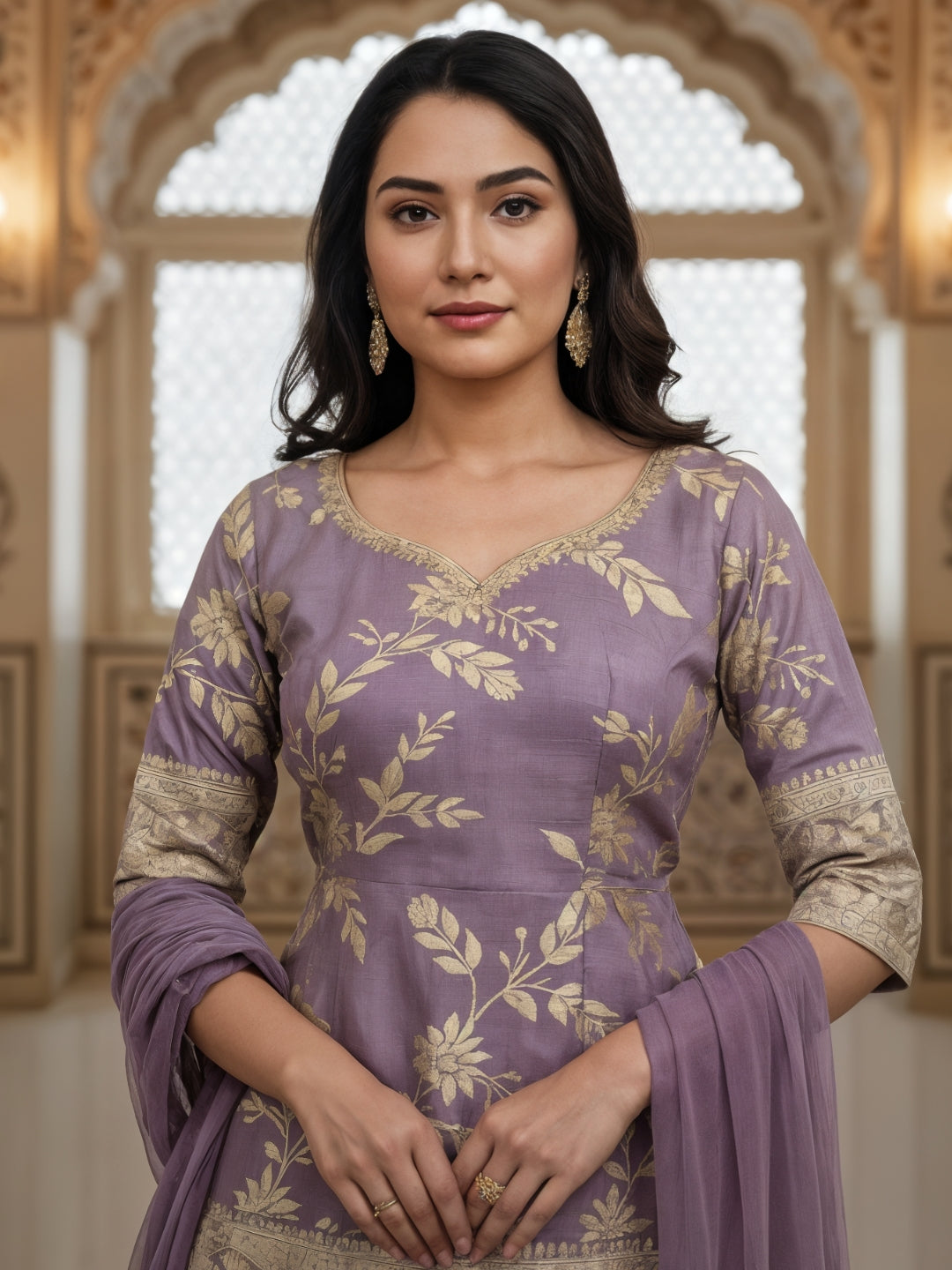 Lavender Banarasi Silk Gharara Set with Zari Woven Floral Patterns & Net Dupatta