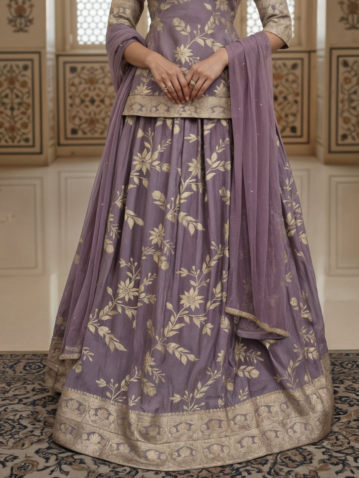 Lavender Banarasi Silk Gharara Set with Zari Woven Floral Patterns & Net Dupatta