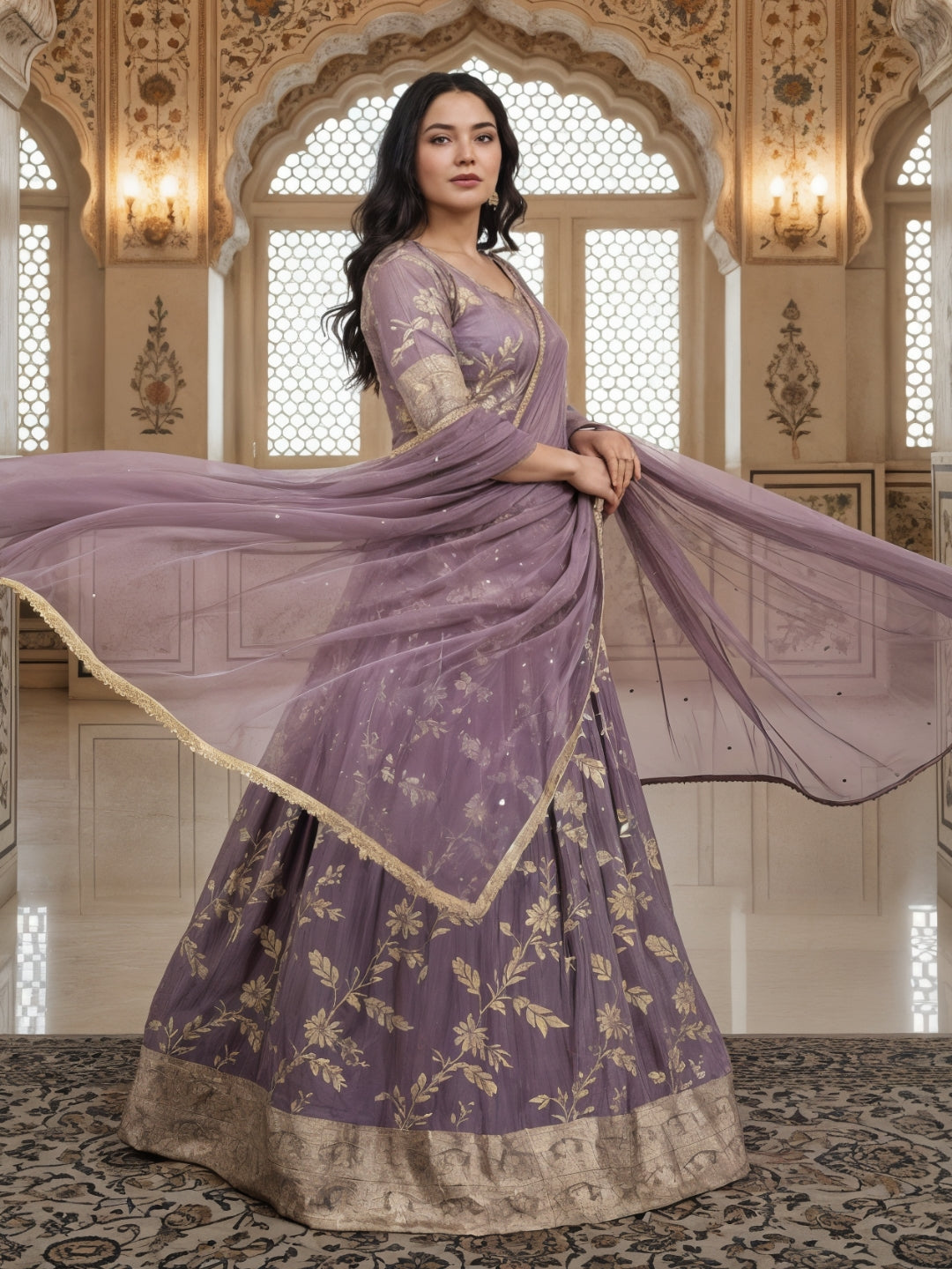 Lavender Banarasi Silk Gharara Set with Zari Woven Floral Patterns & Net Dupatta