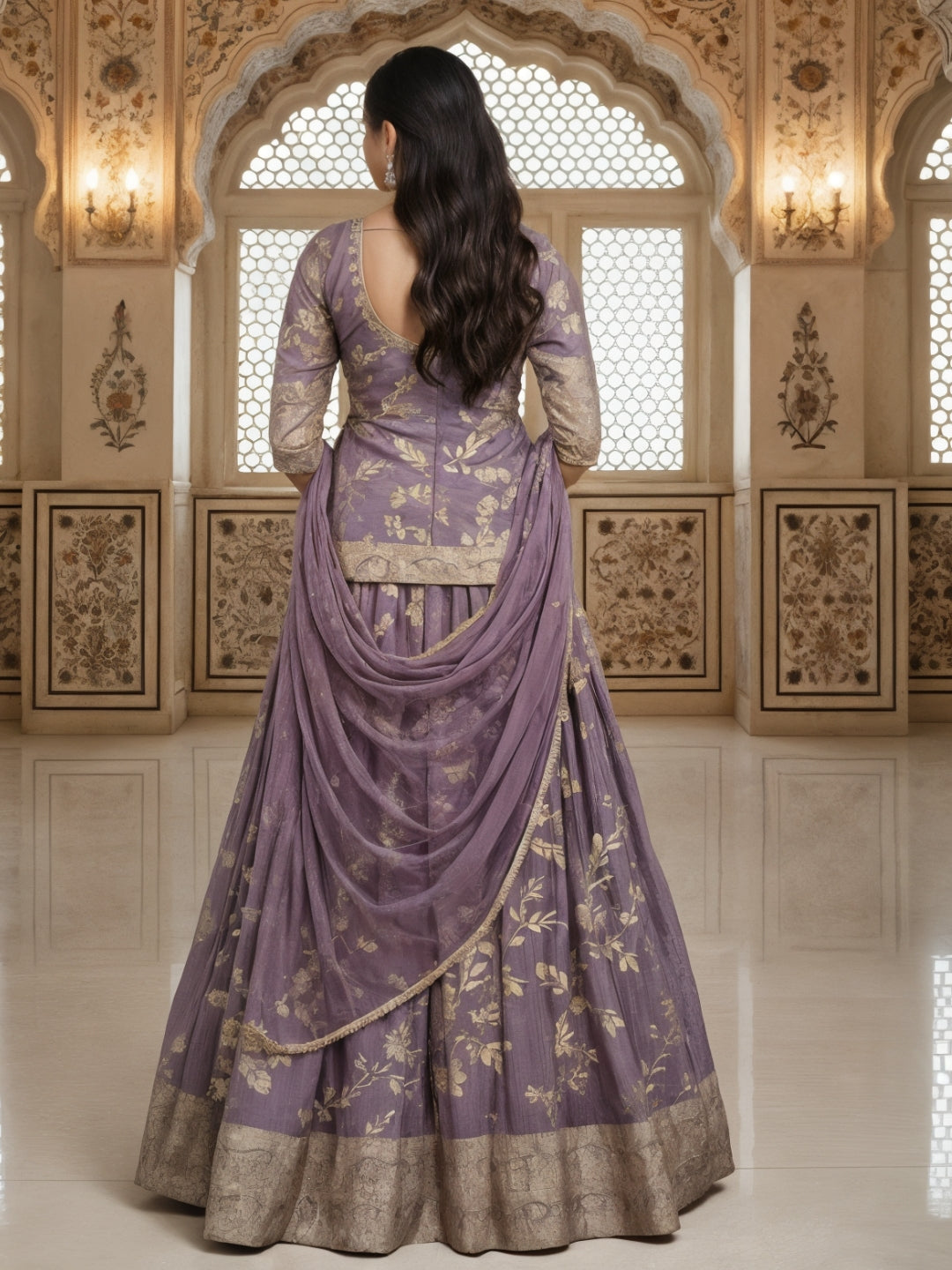 Lavender Banarasi Silk Gharara Set with Zari Woven Floral Patterns & Net Dupatta