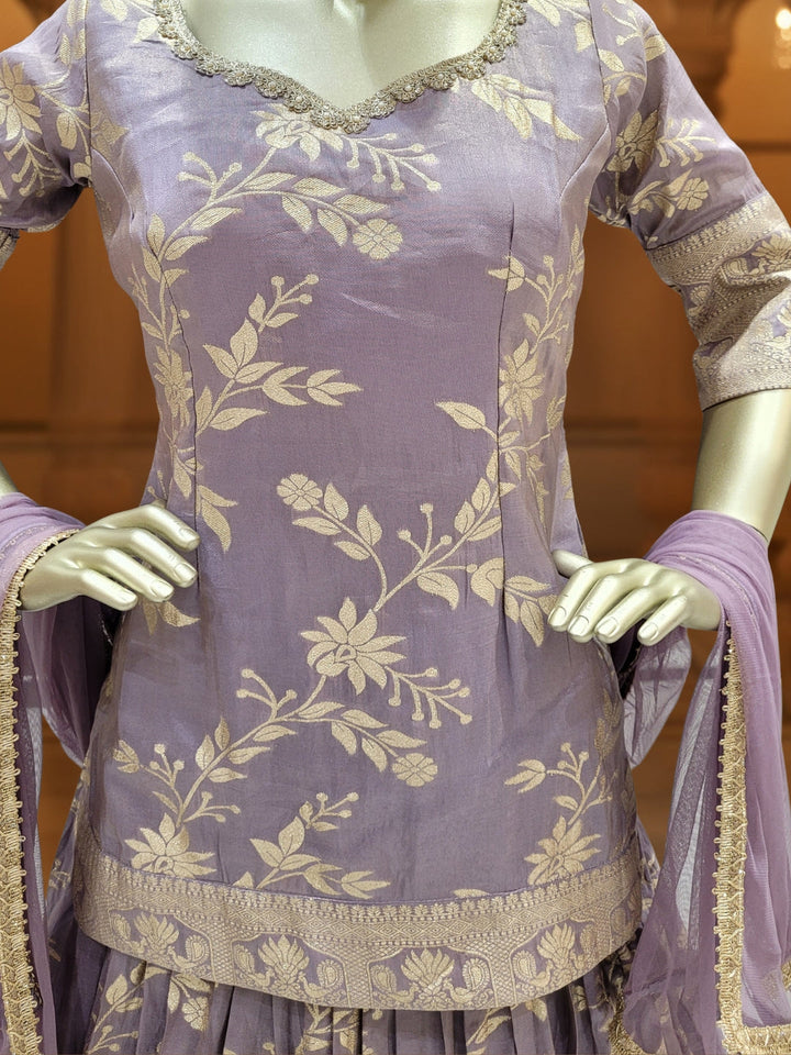 Lavender Banarasi Silk Gharara Set with Zari Woven Floral Patterns & Net Dupatta