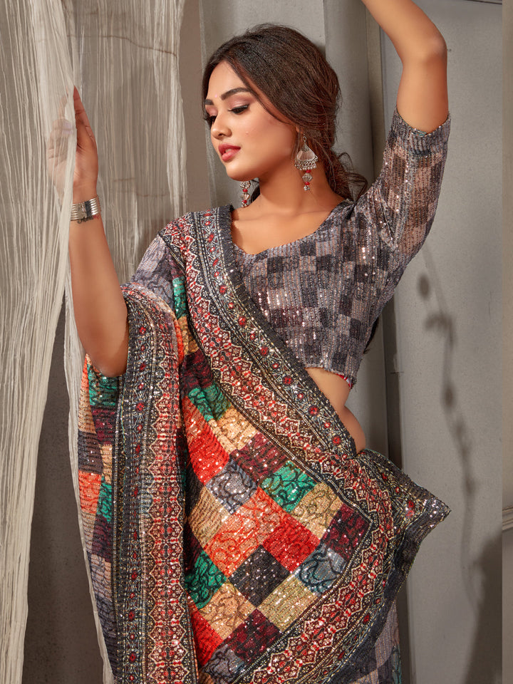 Sequin Embroidered Cocktail Saree with Digital Print pattern