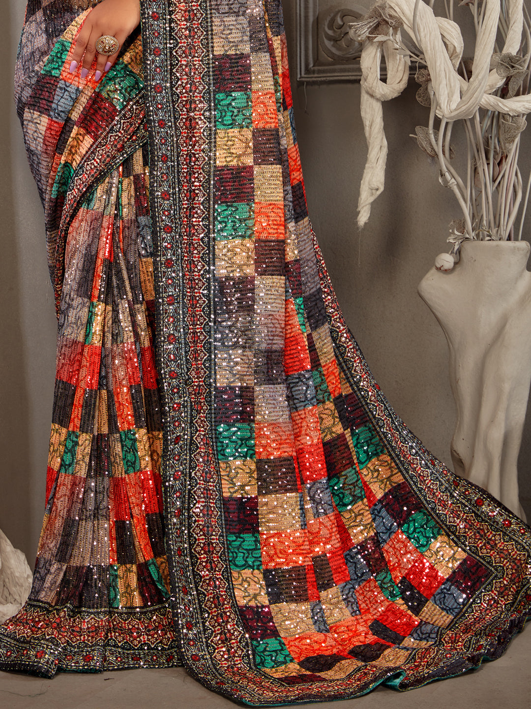 Sequin Embroidered Cocktail Saree with Digital Print pattern