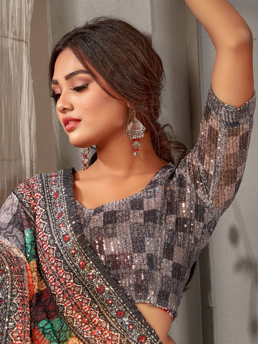 Sequin Embroidered Cocktail Saree with Digital Print pattern