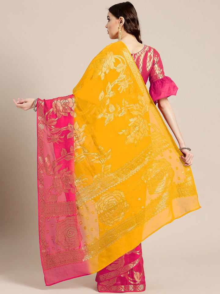 Yellow Pink Ombre Banarasi Khaddi Georgette Saree with Floral Weaving