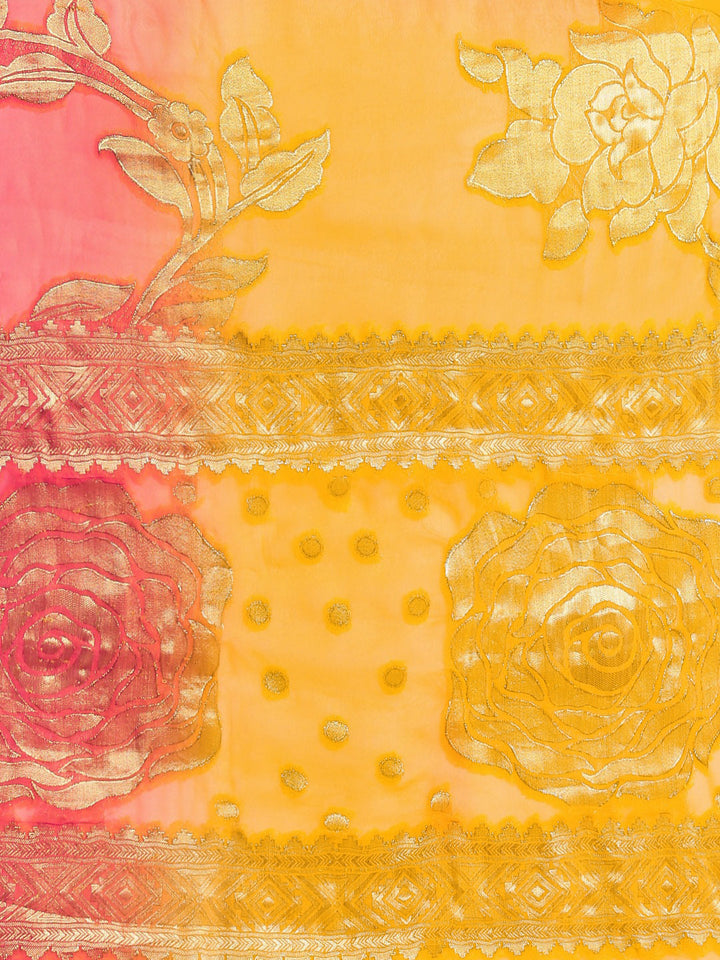 Yellow Pink Ombre Banarasi Khaddi Georgette Saree with Floral Weaving