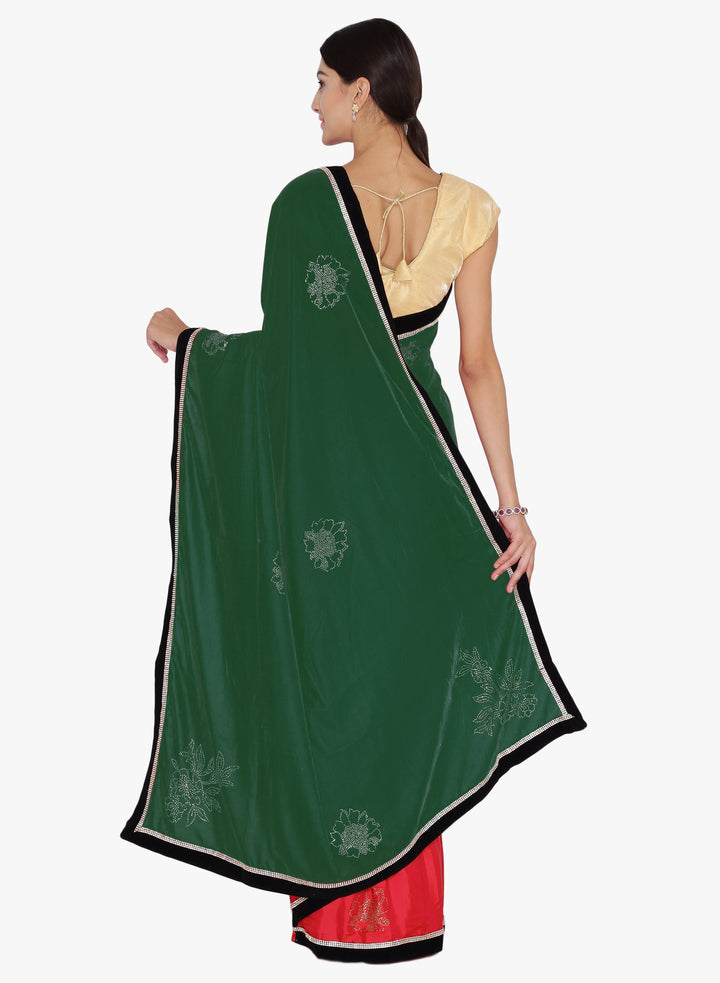 Green & Red Velvet Swarowski Work Party Wear Saree