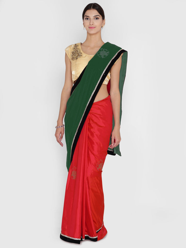 Green & Red Velvet Swarowski Work Party Wear Saree