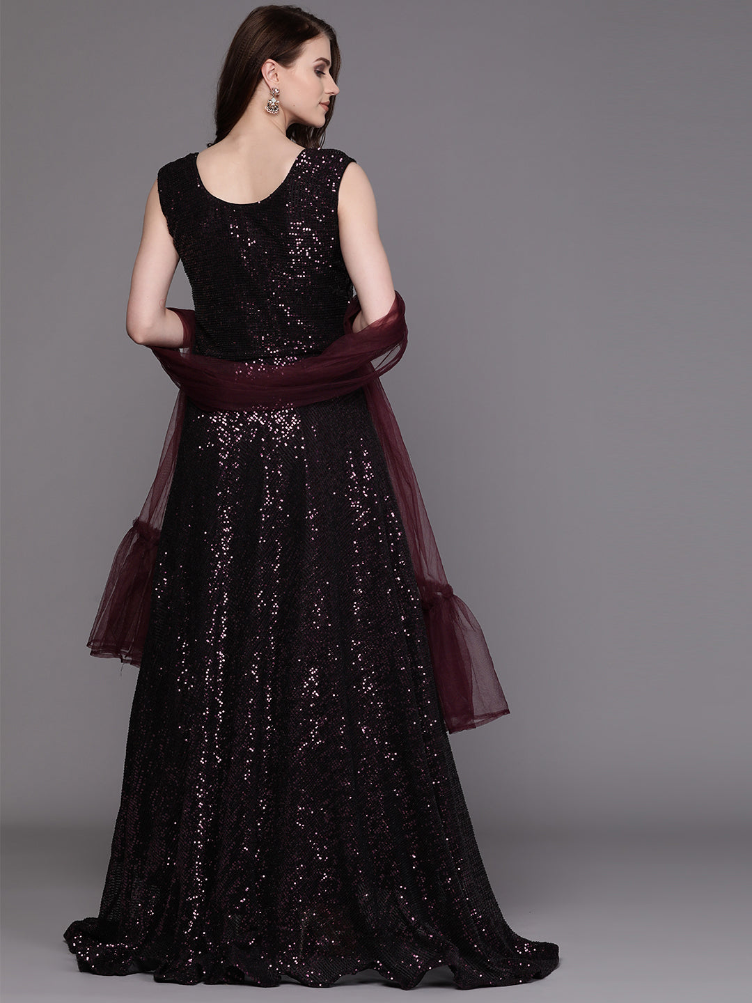 Black Sequinned Cocktail Gown with Ruffled dupatta