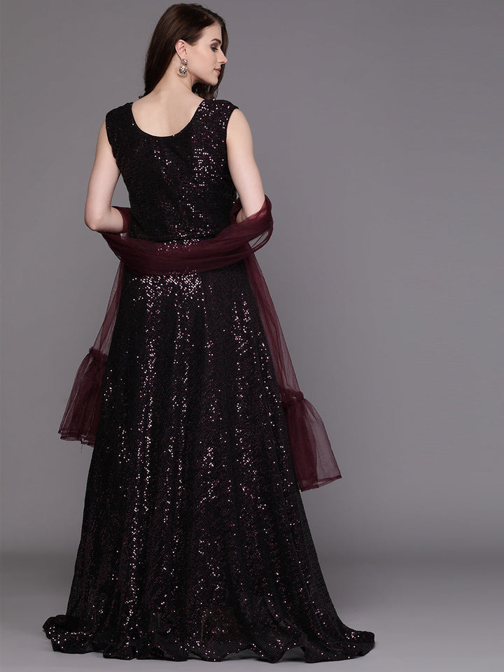 Black Sequinned Cocktail Gown with Ruffled dupatta