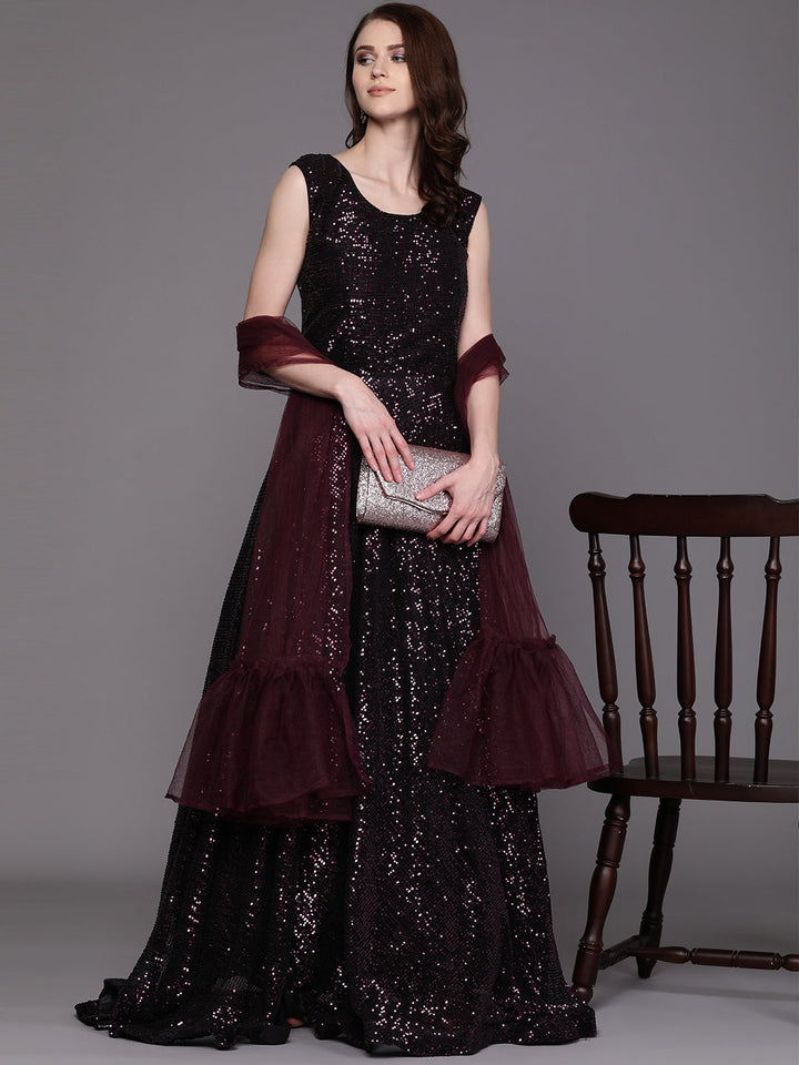 Black Sequinned Cocktail Gown with Ruffled dupatta