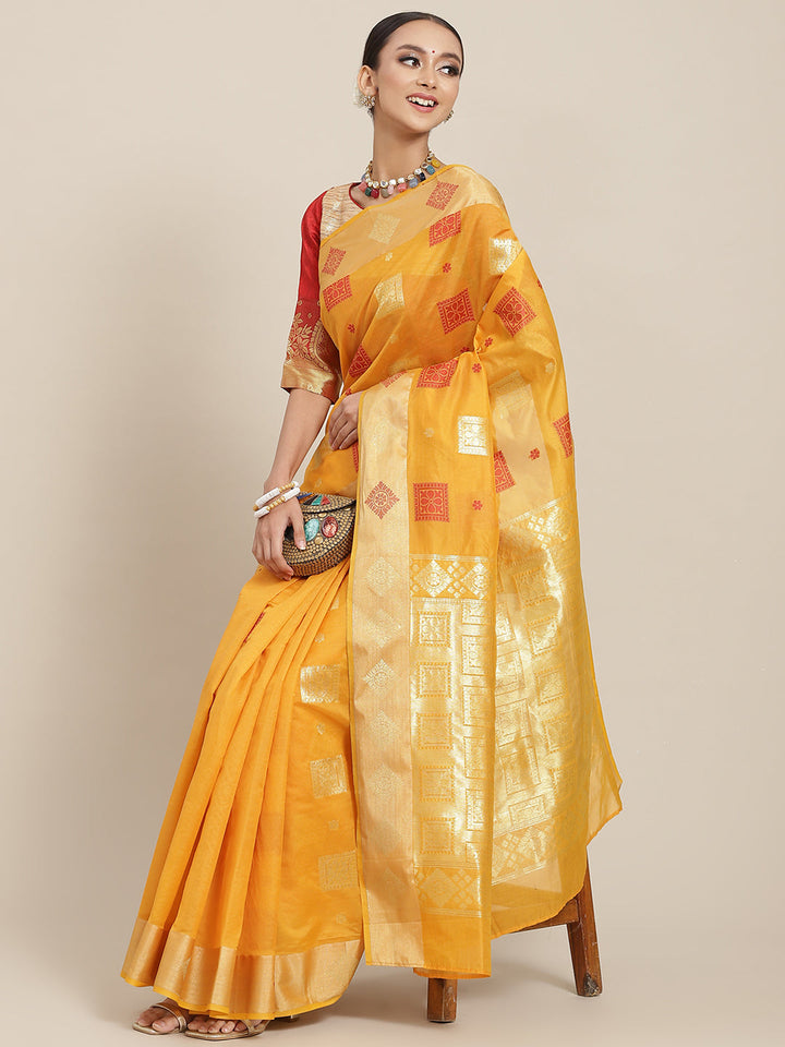 Yellow Resham & Woven Banarasi Silk Saree with Geometrical Motifs