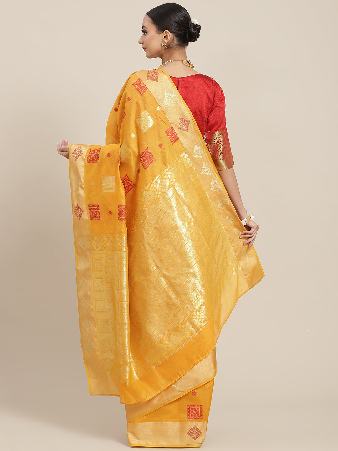 Yellow Resham & Woven Banarasi Silk Saree with Geometrical Motifs