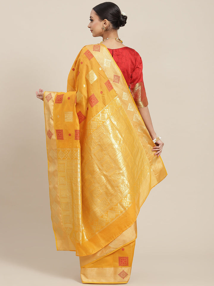 Yellow Resham & Woven Banarasi Silk Saree with Geometrical Motifs