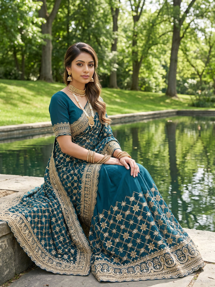 Teal Sequin Embroidered Diamond Lattice Saree with Heavy Border