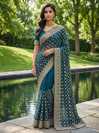 Teal Sequin Embroidered Diamond Lattice Saree with Heavy Border