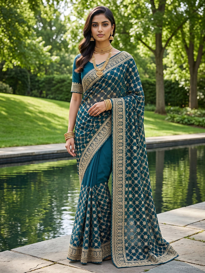 Teal Sequin Embroidered Diamond Lattice Saree with Heavy Border