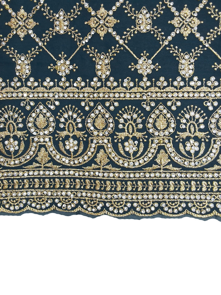 Teal Sequin Embroidered Diamond Lattice Saree with Heavy Border