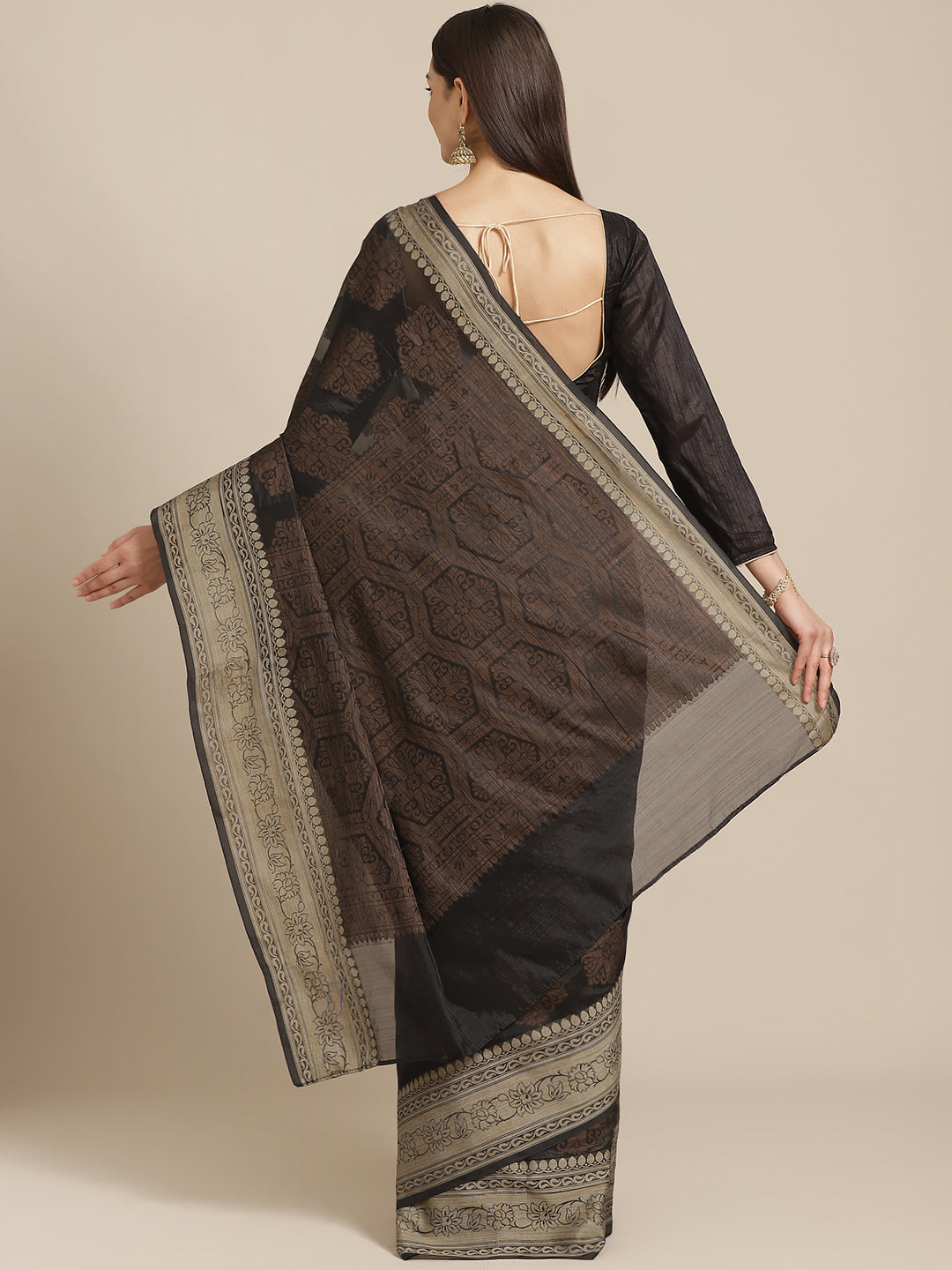 Black Banarasi Silk Self-Embossed Saree with Ethnic FLoral Motifs in Oxidised Zari